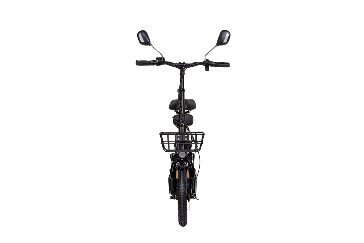 Black kukirin c1 pro electric scooter with mirrors and a basket on a white background
