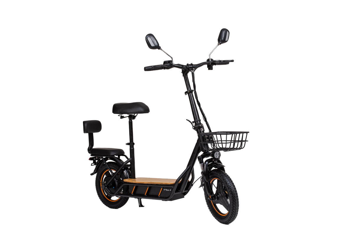 Black kukirin c1 pro electric scooter with a seat and basket on a white background