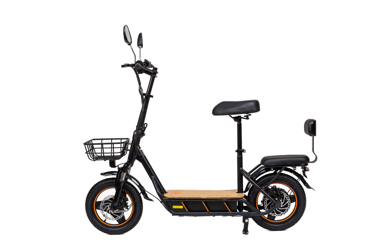 Black kukirin c1 pro electric scooter with a seat and basket on a white background