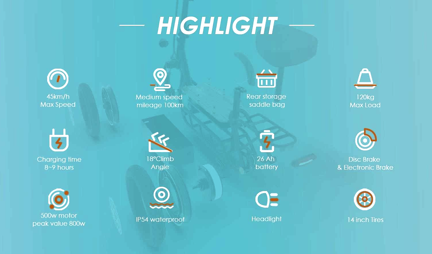 highlight kukirin C1 Pro Electric Scooter List of features with icons on a blue background
