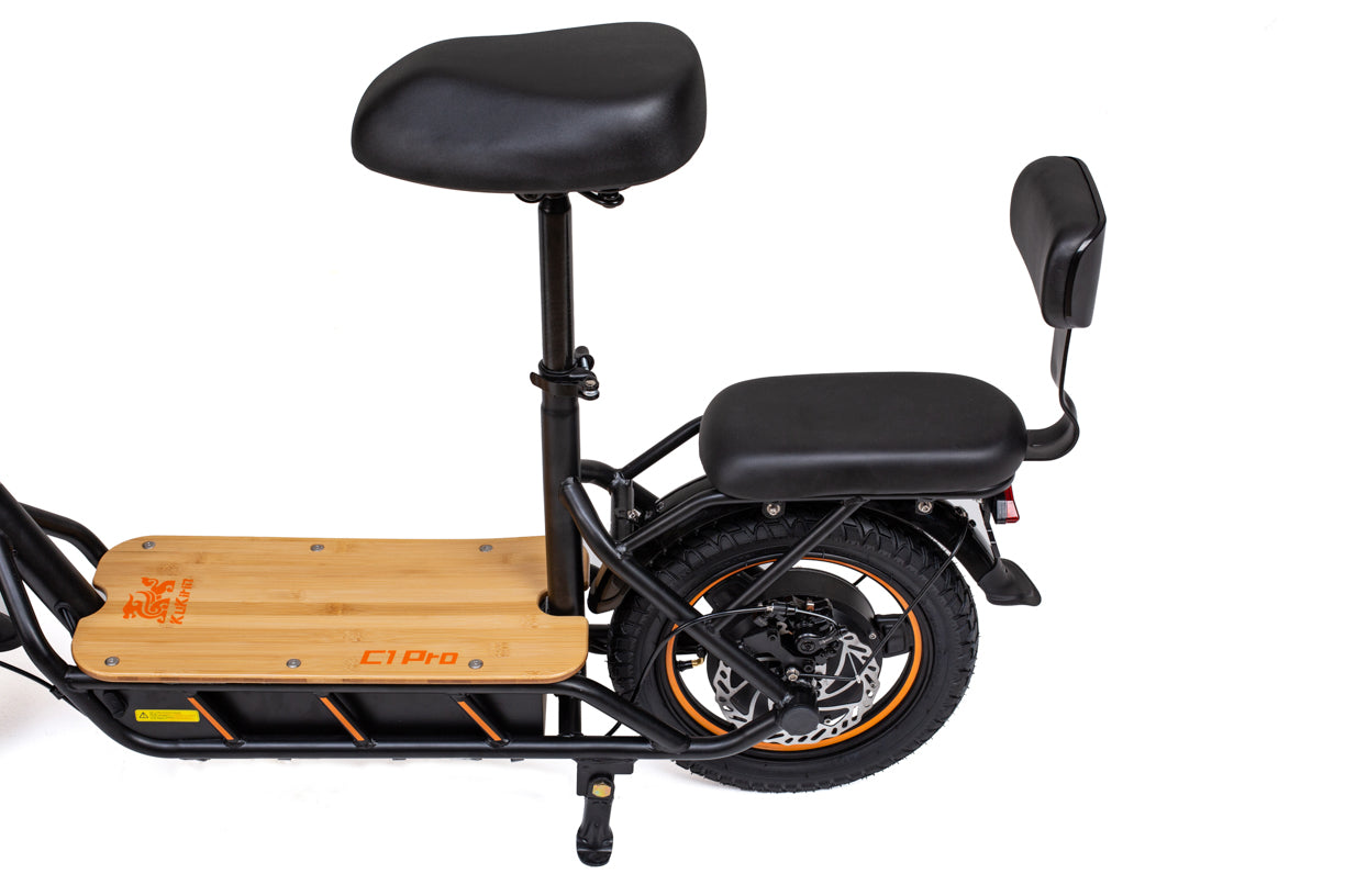 kukirin c1 pro electric scooter with a wooden platform and black seat on a white background