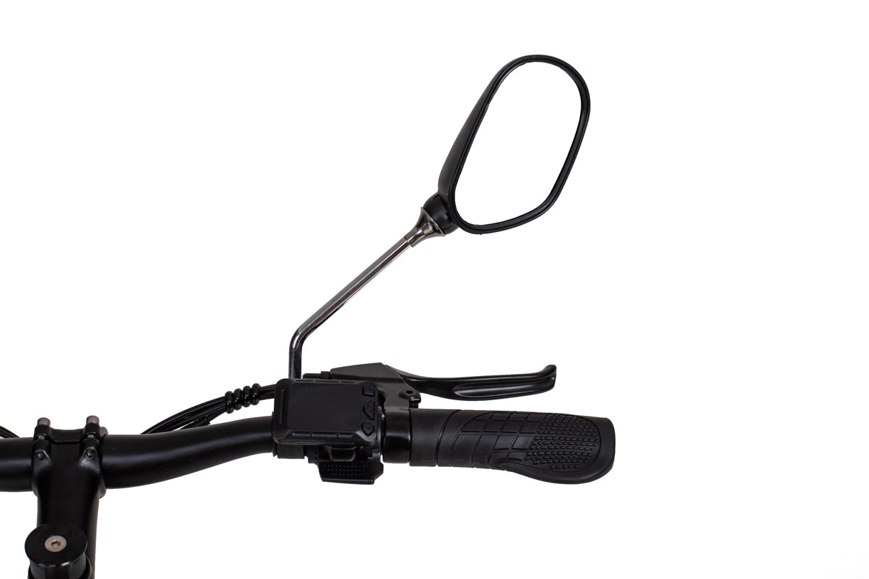 Close-up of a kukirin c1 pro electric scooter handlebar with a mirror on a white background