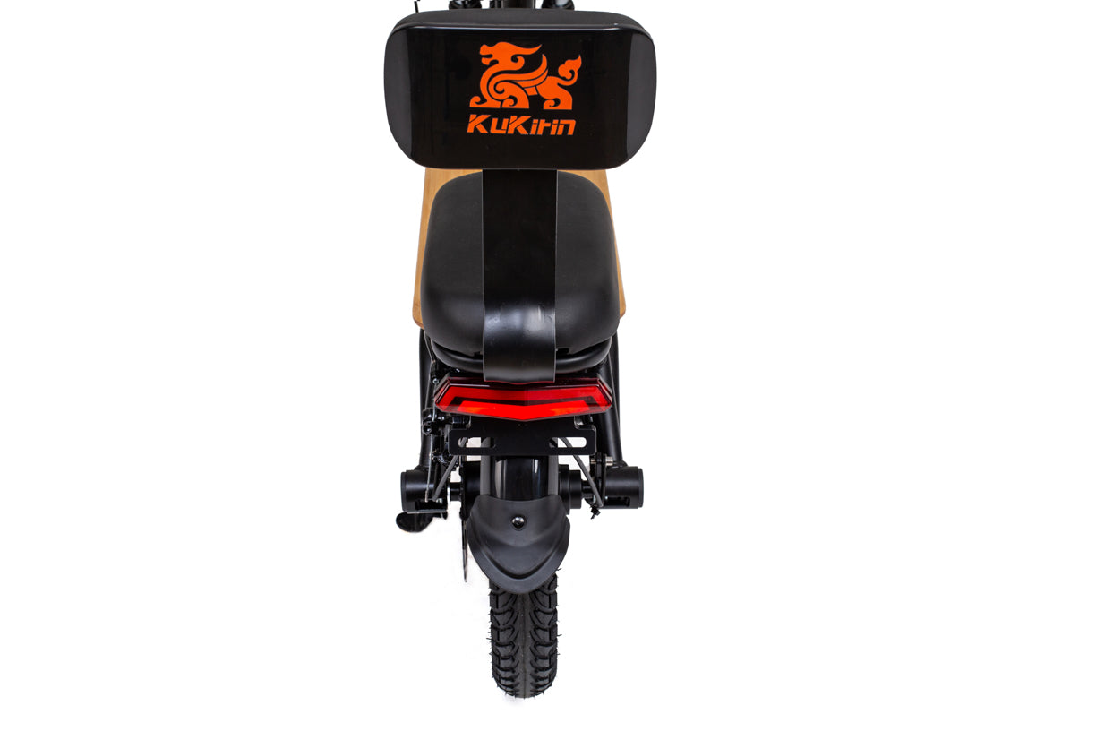 Back view of a kukirin c1 pro electric scooter with 'Kukirin' branding on a white background