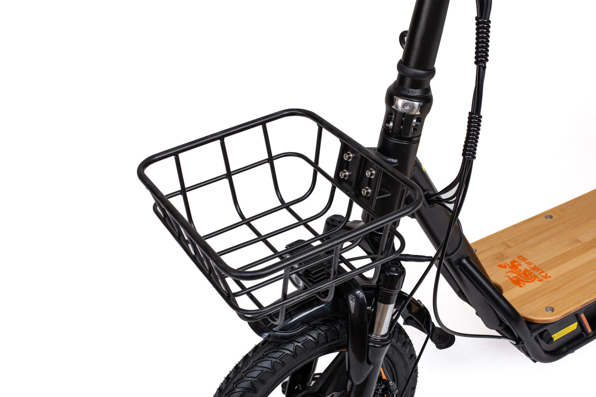 Close-up of a kukirin c1 pro electric scooter with a basket and wooden platform on a white background
