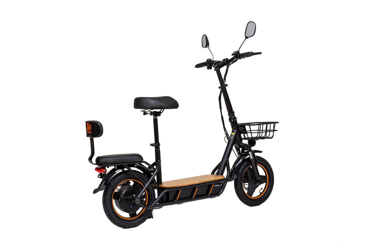 Black kukirin c1 pro electric scooter with a seat and basket on a white background