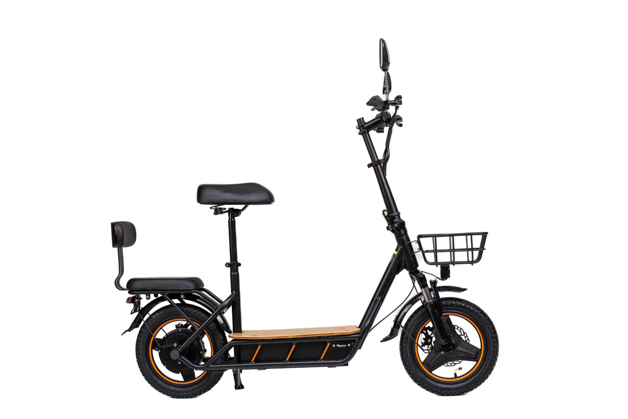 Black kukirin c1 pro electric scooter with a seat and basket on a white background
