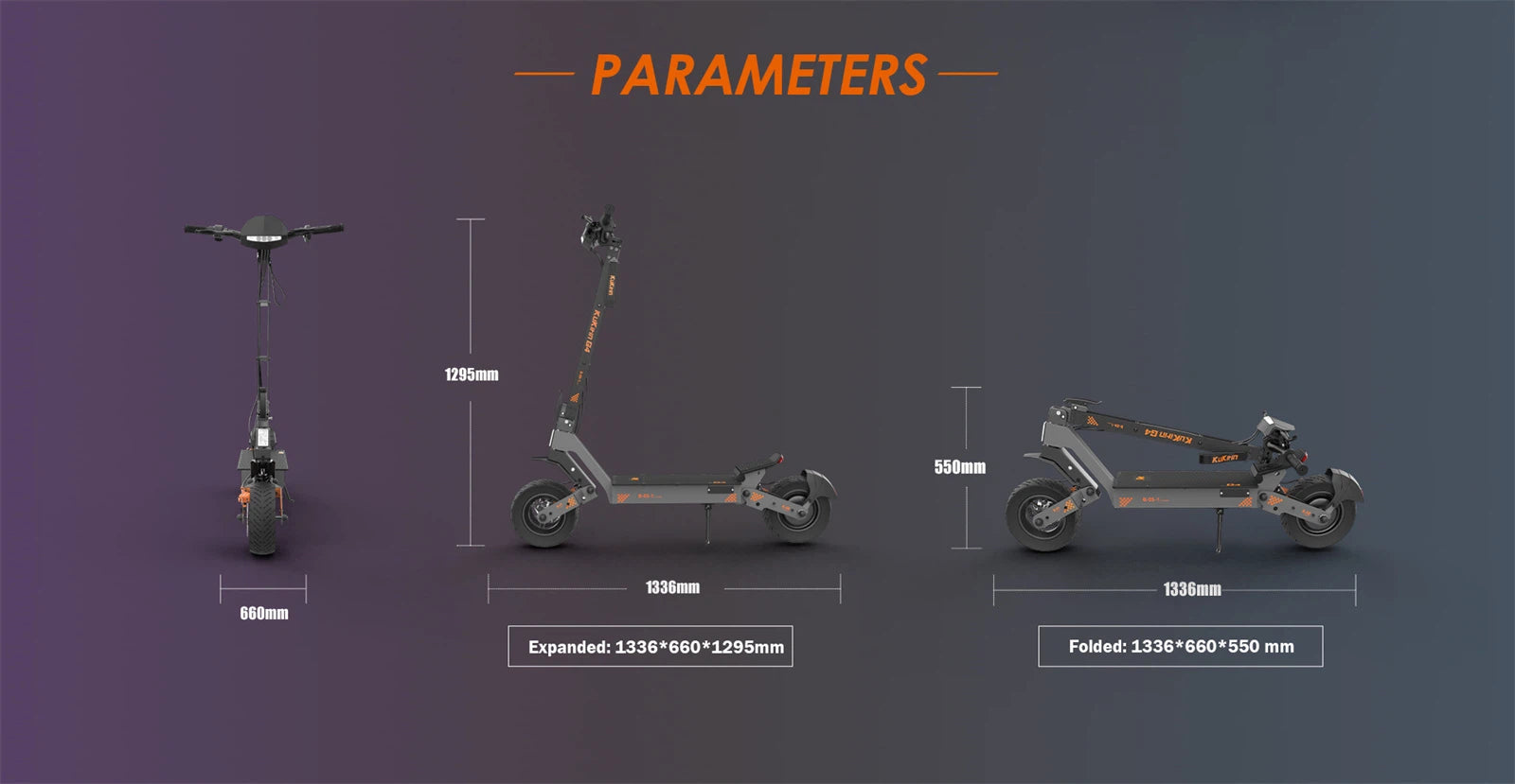 Kukirin G4 2026 Electric scooter with dimensions on a gradient purple and blue background