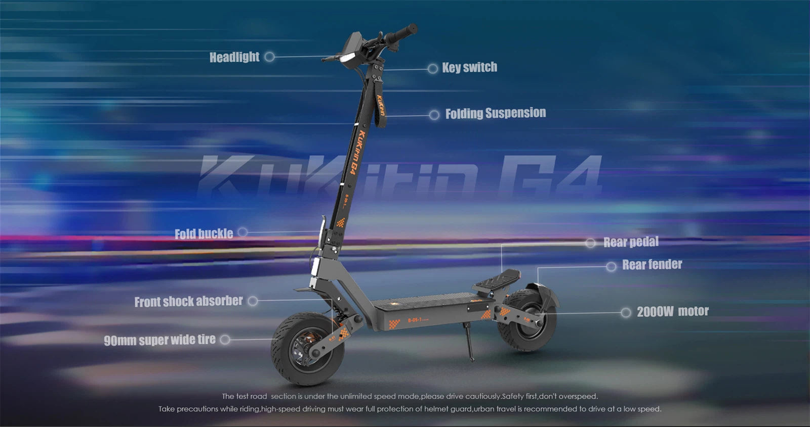 kukirin G4 2026 Electric scooter with labeled parts on a blue and purple gradient background