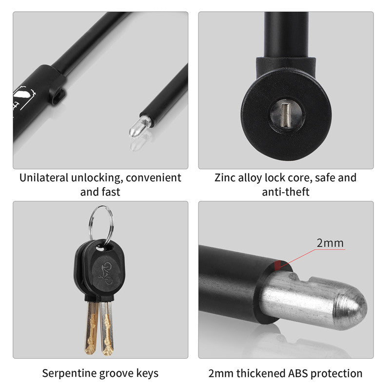 U-lock for bicycles, electric scooters, and motorcycles, features including unilateral unlocking, zinc alloy lock core, serpentine groove keys, and 2mm thickened ABS protection.