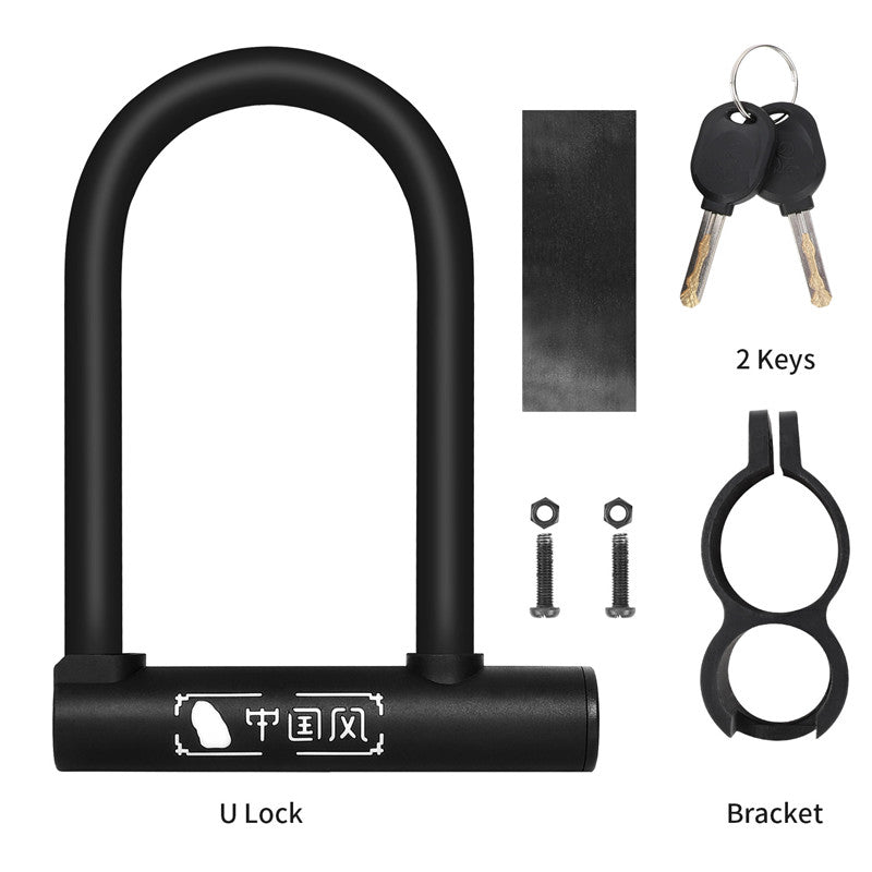 Black U-lock for bicycles, electric scooters, and motorcycles with bracket, keys, and installation tools on a white background