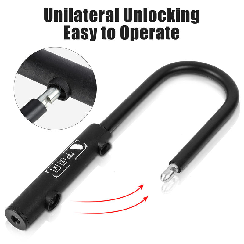 Black U-shaped U-lock for bicycles, electric scooters, and motorcycles with unilateral unlocking feature on a white background
