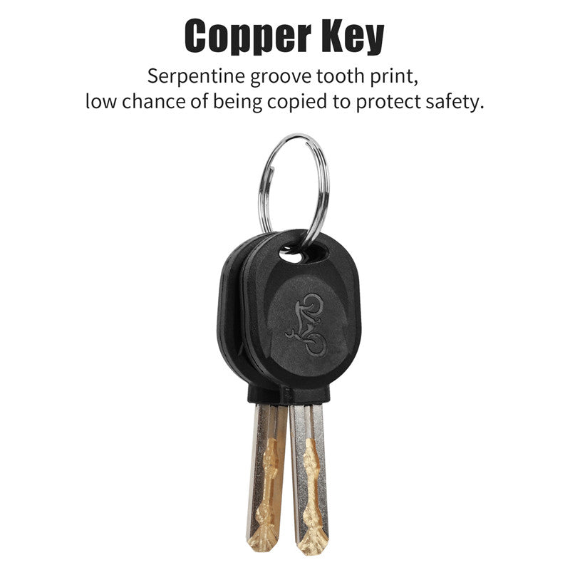 U-lock for bicycles, electric scooters, and motorcycles, Black key fob with two keys, 'Copper Key' design.