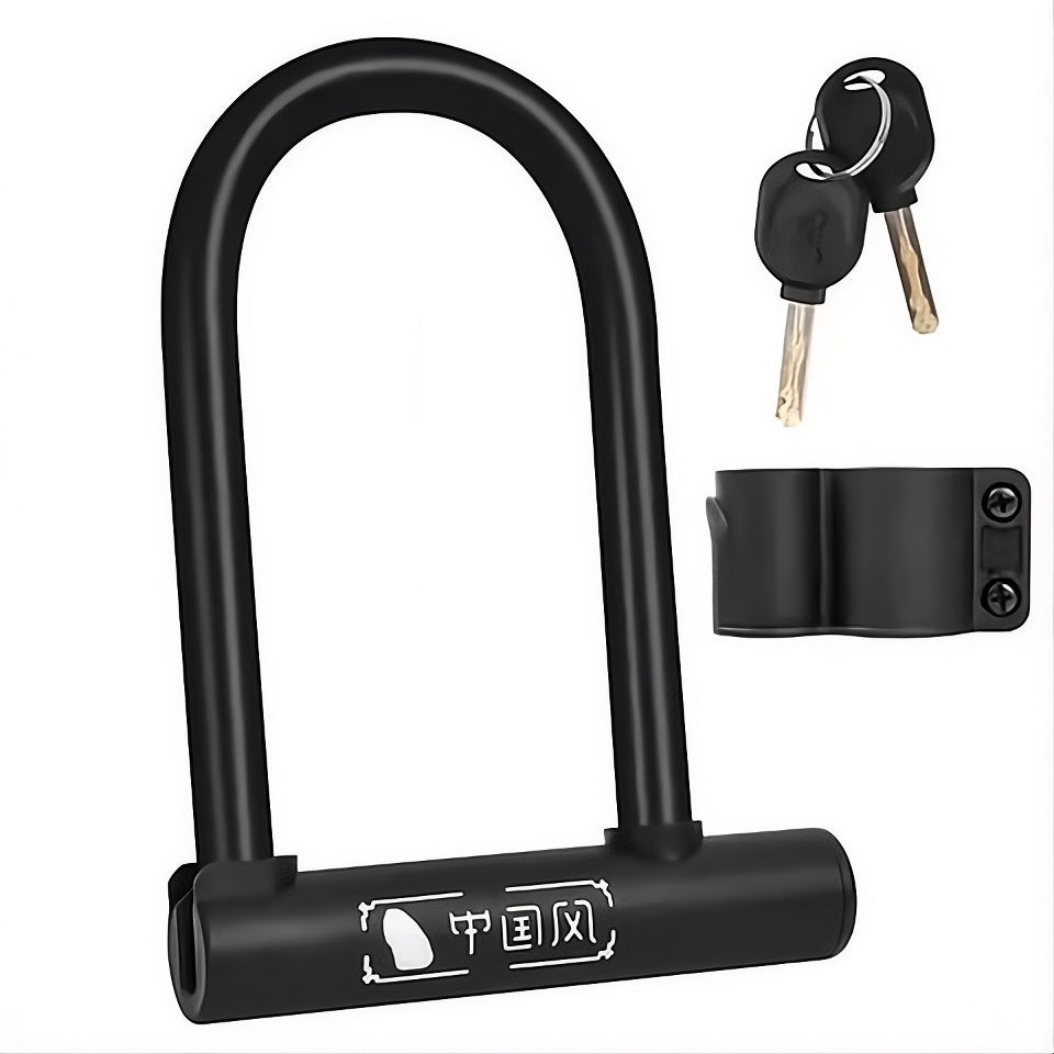 Black U-shaped U-lock for bicycles, electric scooters, and motorcycles with two keys on a white background