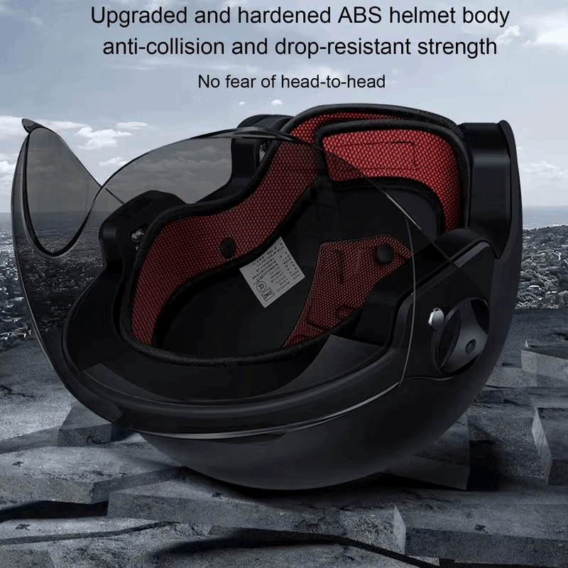Black and red helmet with text about ABS material and safety features on a cityscape background - VEPACE