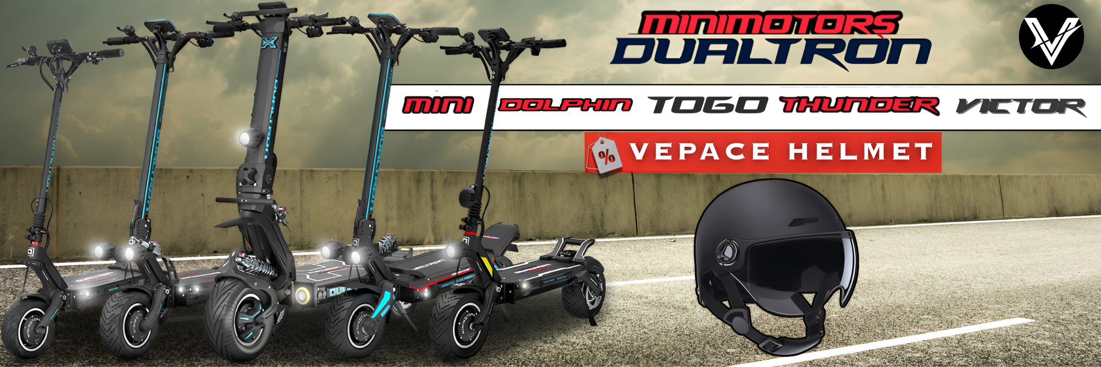 Trottinettes électriques avec un casque sur un fond de piste, mettant en vedette les modèles Dualtron de Minimotors.