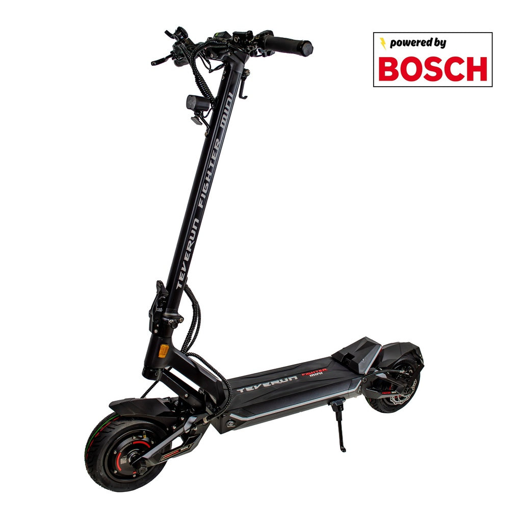 teverun fighter mini Black electric scooter with Bosch logo on a white background