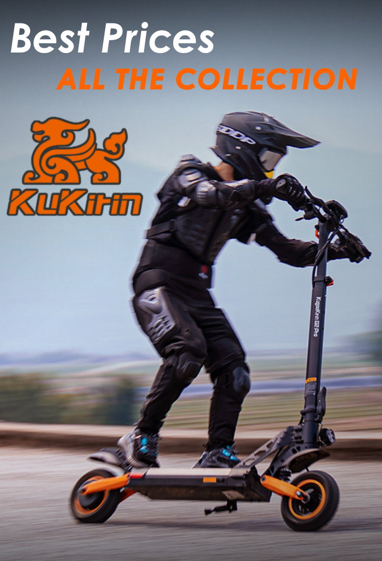 Person riding an electric scooter with Kukirin branding and promotional text.