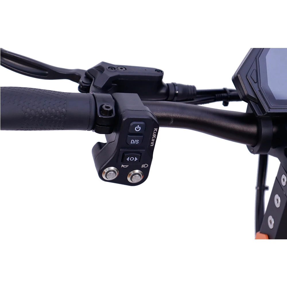 KuKirin G3 Pro Electric Scooter main image control screen dashboard area horn, turn signals, On/off, dual/single and headlight buttons and rear brake handlebar