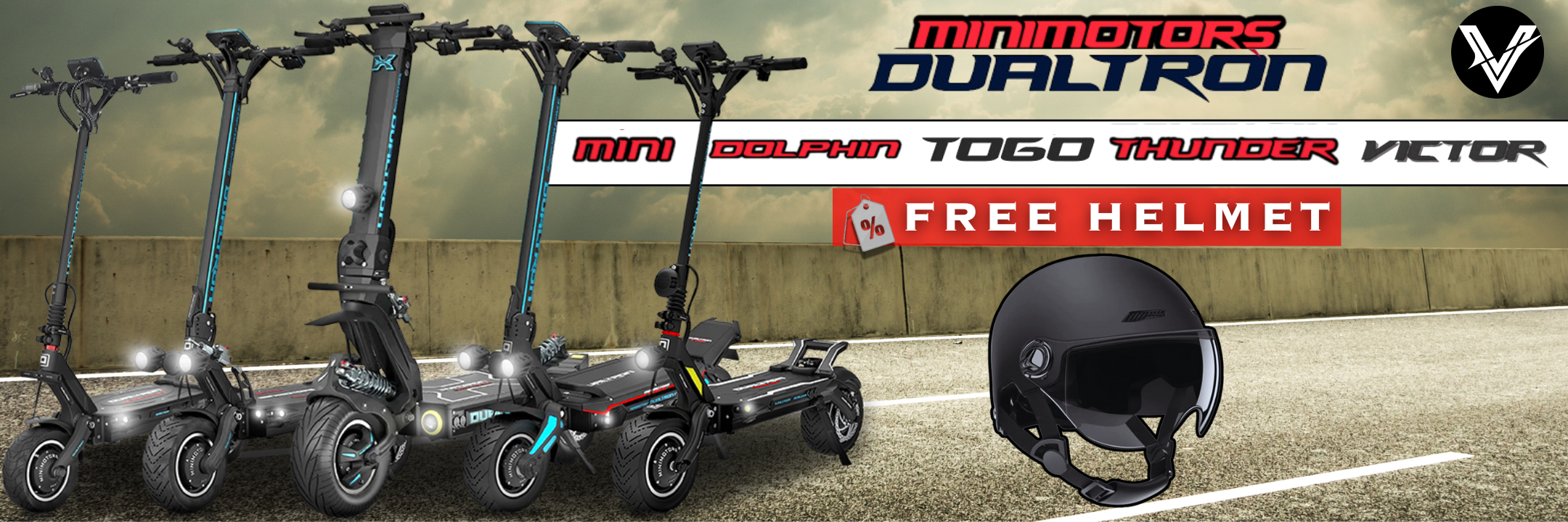 Electric scooters with a helmet on a track background, featuring Minimotors Dualtron models.