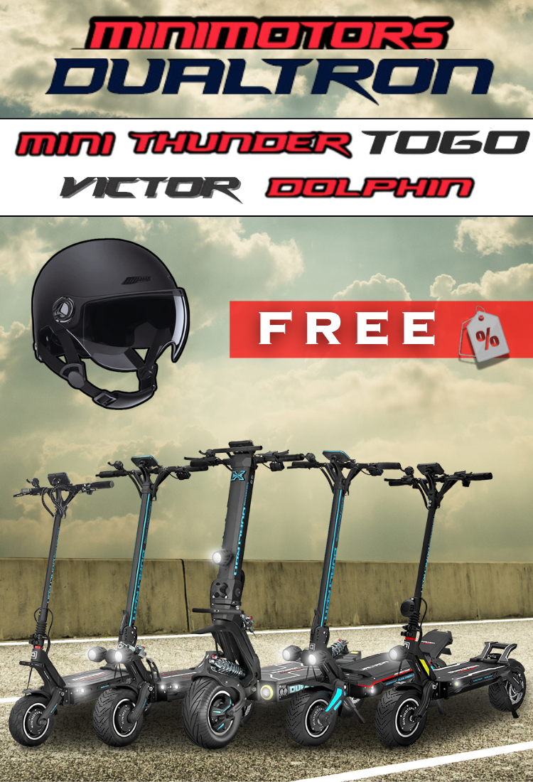 Promotional graphic for minimotors Dualtron with a helmet and free offer text.
