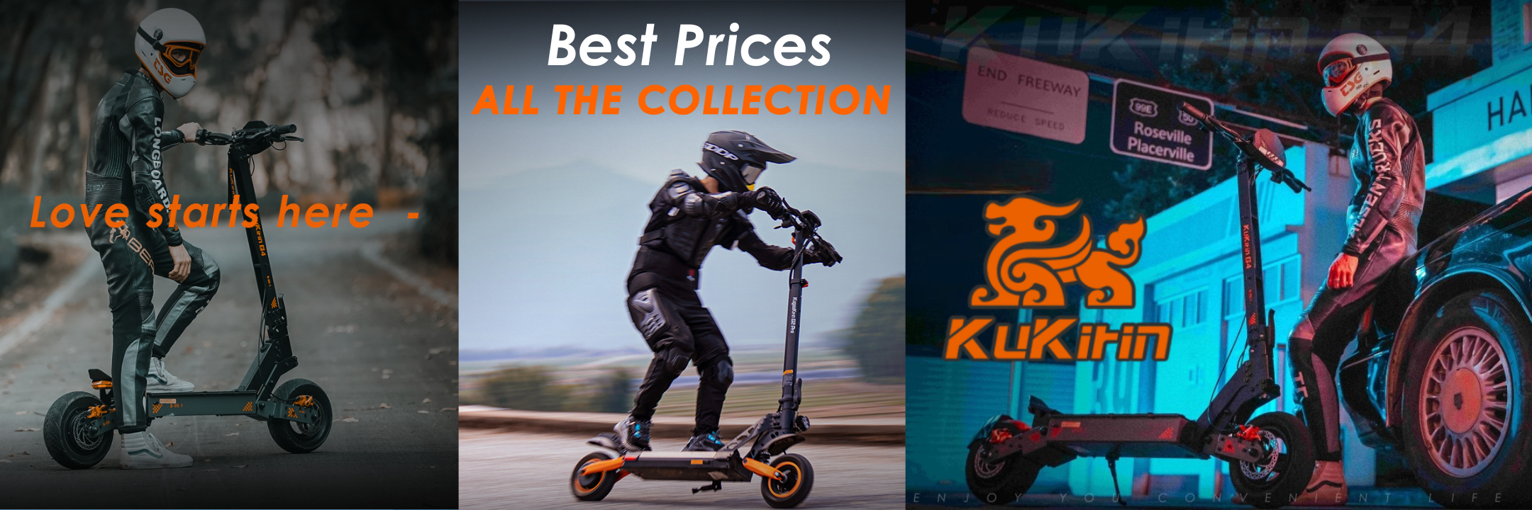 Promotional banner for a kukirin electric scooter with text and images of a person using a scooter.