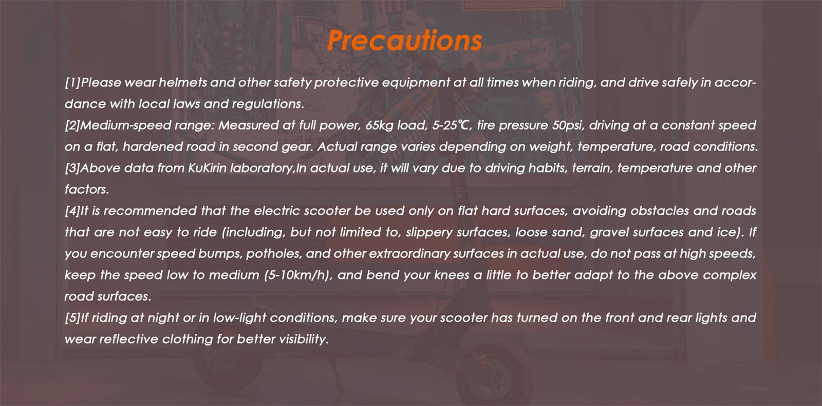 Kukirin G4 2026 Precautions text on a dark background