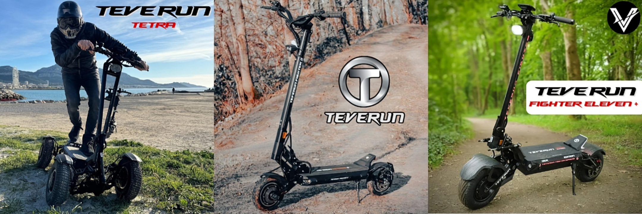 TEVERUN electric scooter shown in various settings with branding.