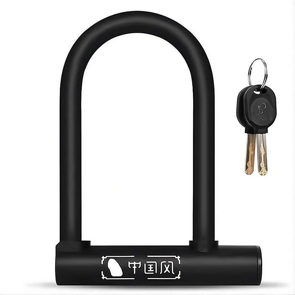Black U-shaped lock for bicycles, electric scooters, and motorcycles with keys on a white background